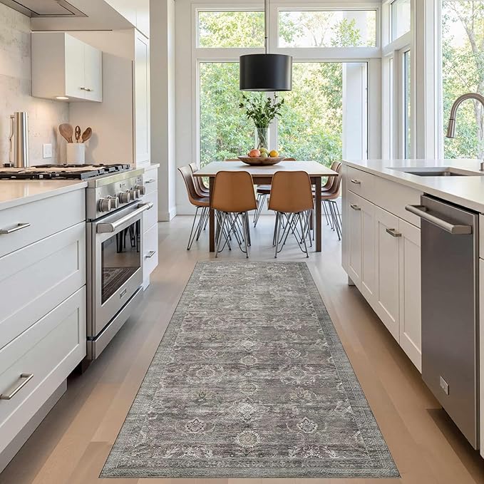 Rugxara 2x6 Runner Rug, Washable Kitchen Rugs, Grey Boho Vintage Floral Hallway Runner, Non Slip Low Pile Area Rug Carpet for Indoor Hallway, Kitchen, Laundry Room and Bathroom(Taupe/Grey 2x6ft)