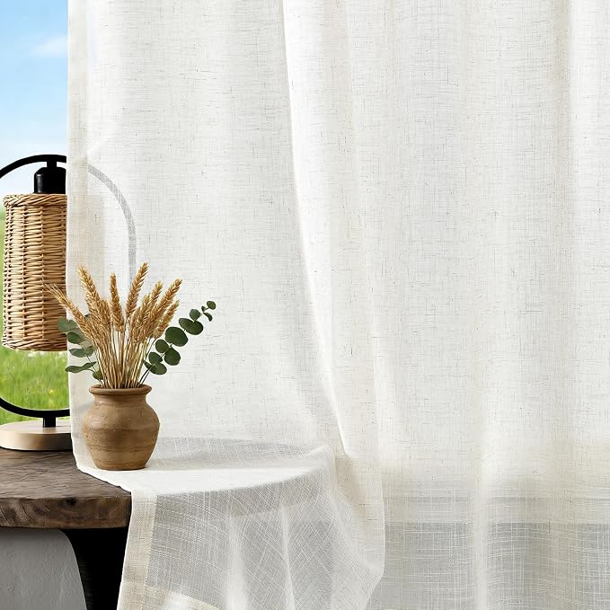 Vision Home Natural Pinch Pleated Sheer Curtains 90 Inches Soft Linen Textured Modern Rustic Light Filtering Drapes,Window Treatment Panels with Hooks & Back Tab for Living Room Bedroom, 40" Wx90 Lx2