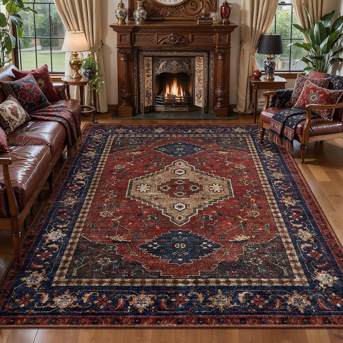 Tangsoo Red Vintage 5x7 Washable Area Rug, Oriental Indoor Dining Room Rugs for Under Table, Non Slip Machine Washable Large Tumble Rug, Soft Low Pile Foldable Carpet for Bedroom Living Room Red Blue