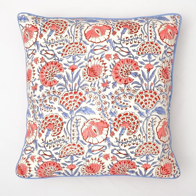 Ridhi Block Print Flamingo Pink Pillow Cover 20" x 20" (Pack of 2) Decorative Couch Pillows for Living Room, Chic Boho Cute Outdoor Pillows Covers Gifts for Spring, Easter and Valentine