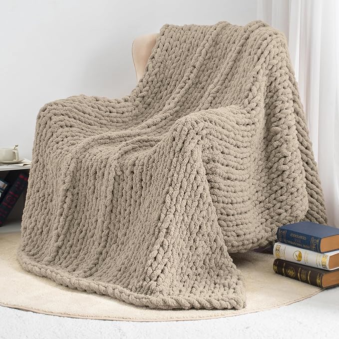 Chunky Knit Throw Blanket 60x80, 100% Handmade Chenille Yarn | 6.7lbs Soft Thick Cable Knitted Blankets, Large Rope Knot Crochet Throws for Couch Sofa Bed Machine Washable, Taupe