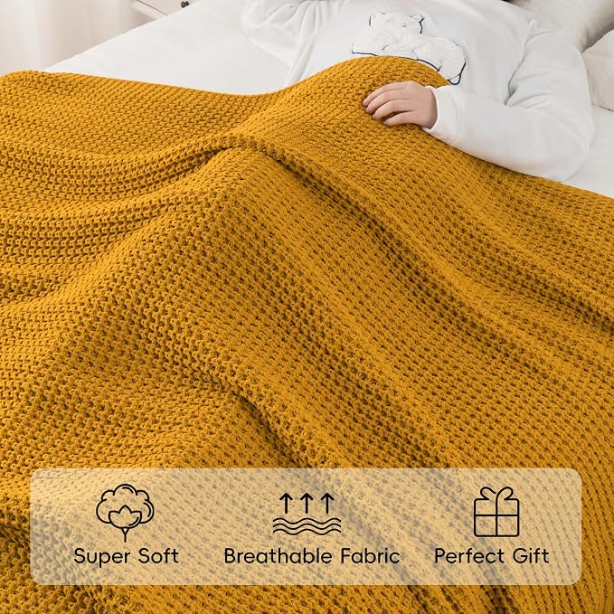 Bunnikins & Clover Knitted Waffle Throw Blanket 60x80 Inches, Mustard Yellow Throw Blanket for Couch, Soft Cozy Chenille Knit Blanket Warm Decorative Throw for Sofa