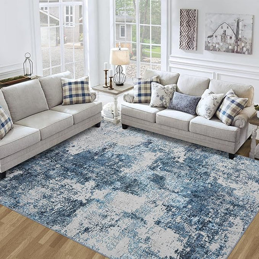 8x10 Area Rug for Living Room Bedroom: Large Washable Rug with Anti-Slip Backing Non-Shedding Stain-Resistant Soft Abstract Carpet for Dining Room Nursery Home Office (Blue)