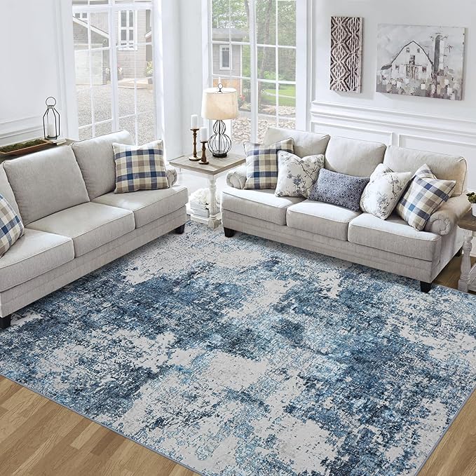 Area Rug 9x12 Living Room: Large Washable Rug with Anti-Slip Backing Non-Shedding Stain-Resistant Soft Abstract Carpet for Bedroom Dining Room Nursery Home Office (Blue)