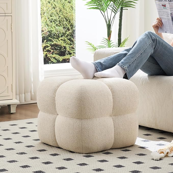 Zesthouse Square Pouf Ottomans Set of 2, Modern Backless Vanity Chair for Bedroom, Beige Linen Foot Rest for Couch, Upholstered Tufted Footstool, Poofy Fabric Ottoman Coffee Table for Living Room