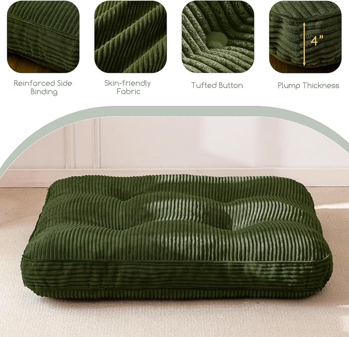 HIGOGOGO 35" Floor Pillow Cushion for Adults, Meditation Cushion Pillow, Extra Large Square Floor Sitting, Tufted Corduroy Cover for Tatami Living Room or Yoga, Dark Green