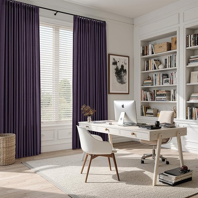 Plum Purple Pinch Pleated Linen Curtains 96 Inch Length 2 Panels for Living Room Bedroom Vintage Farmhouse Window Privacy Light Filtering Semi Sheer Back Tab Drapes with Hooks for Dining Room 40x96
