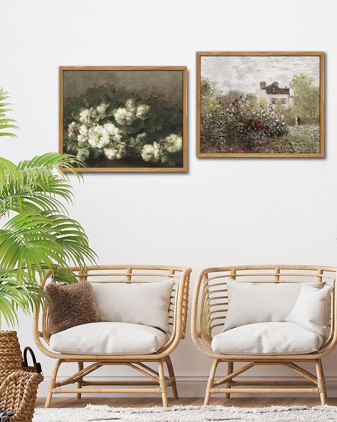 UPWOIGH Monet Inspired Garden Framed Wall Art, 16 x 24 Inch | Impressionist Rose Garden and Cottage Scene, Soft Vintage Tones, Warm Wood Frame for Living Room, Bedroom and Office