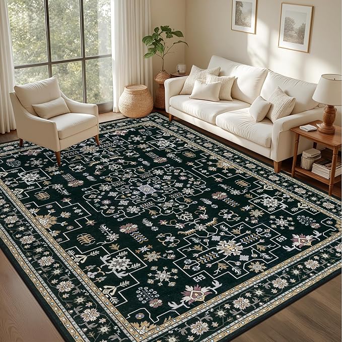 3x5 Area Rugs Living Room Rug: Washable Vintage Boho Medallion Rug No Slip Stain Resistant Soft Carpet Indoor Floor Large Carpets for Bedroom Dining Room Farmhouse Nursery Hallway Home Office Black