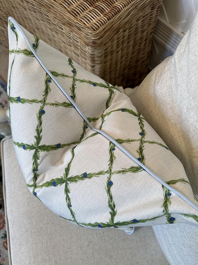 Jillien Harbor “The Lattice” Spring Decorative Festive Pillow Cover – Garden-Inspired White Accent Pillow Cover with Grey-Blue Pipping – Grandmillennial Home Decor, 20" x 20"
