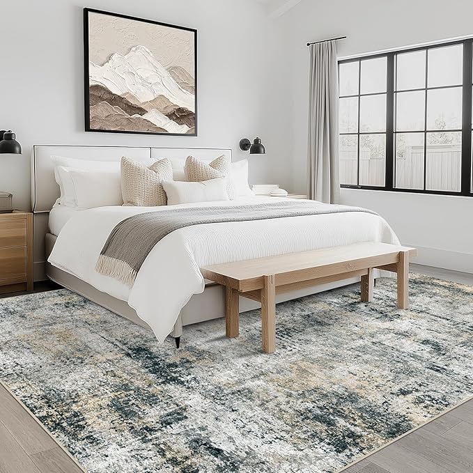 Washable Rug 6x9 Area Rugs: Soft Large Living Room Rug with Anti-Slip Backing Non-Shedding Stain-Resistant Modern Abstract Carpet for Bedroom Dining Room Nursery Home Office Black Grey Brown