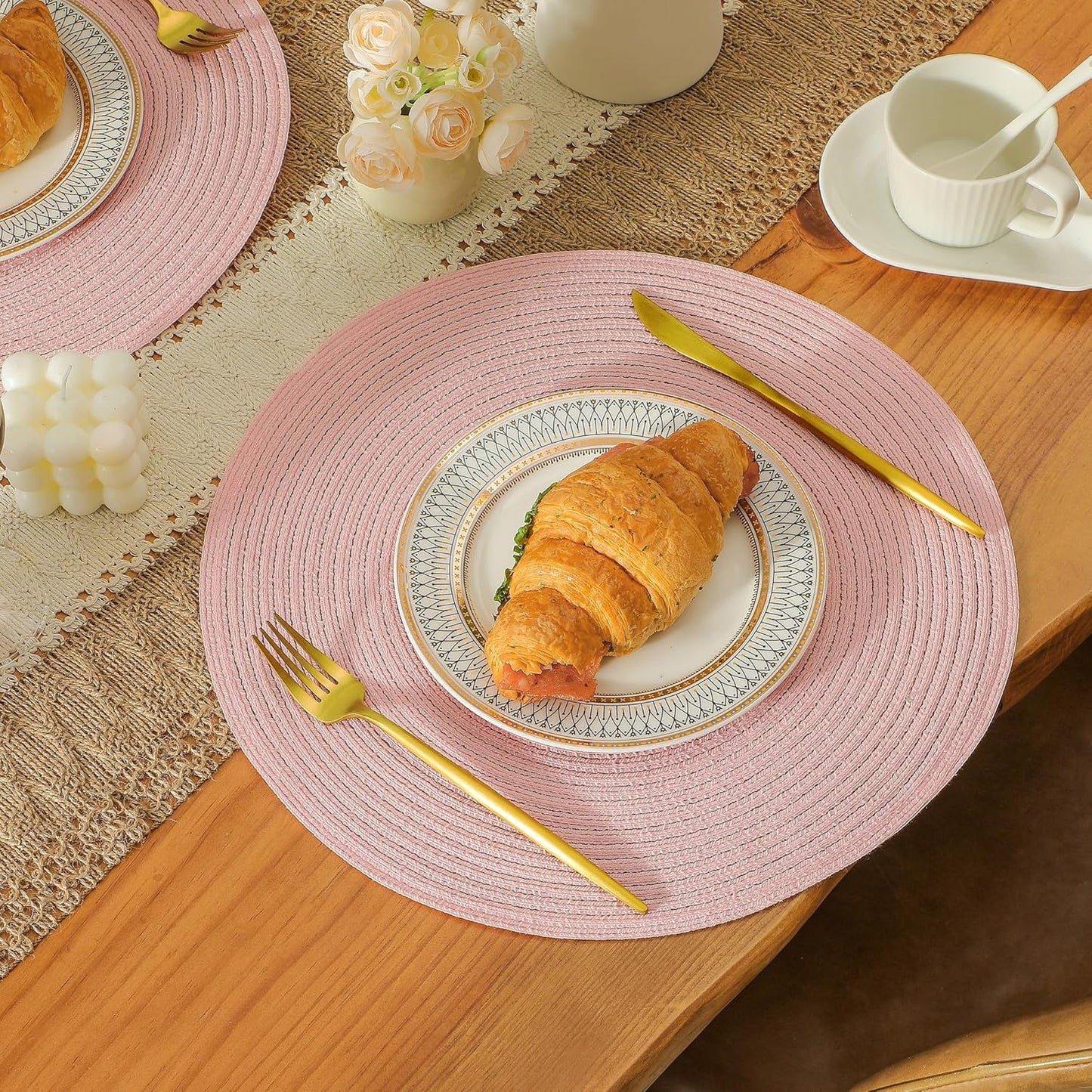 Leetaltree Round Placemats Heat and Slip Resistant Cotton Table Mats, Washable Bohemian Placemats for Dining Tables (Pink, Set of 12)