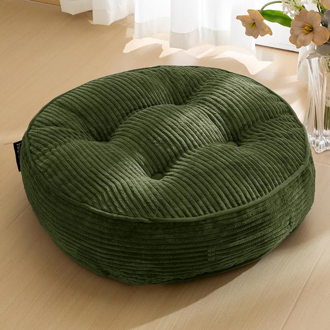 HIGOGOGO 6" Extra Thick Floor Pillow Cushion for Adults, Meditation Cushion Pillow, Large Round Floor Sitting, Tufted Corduroy Cover, for Tatami Living Room or Yoga, 22x22 Inch, Dark Green