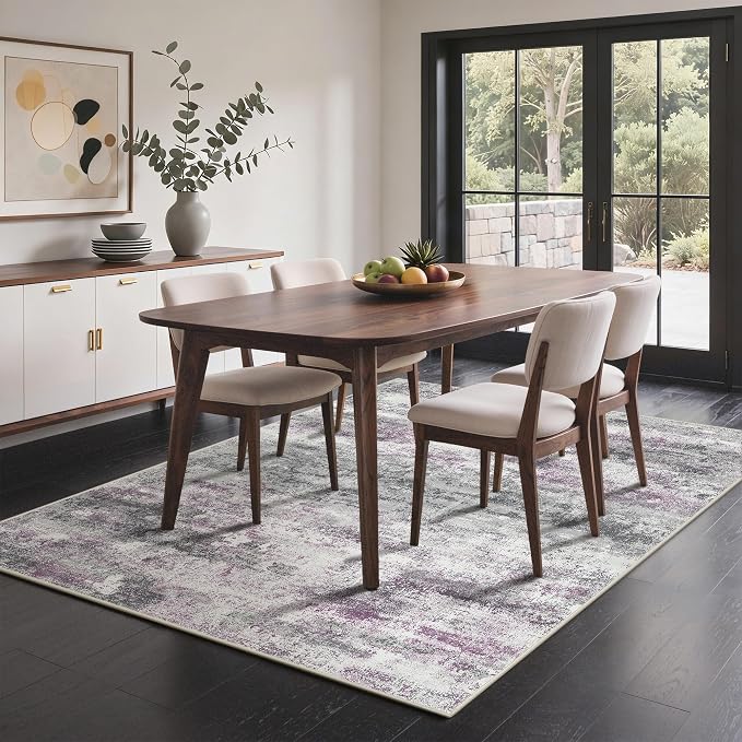 BEIMO Area Rugs 5x7 for Living Room Bedroom, Modern Abstract Machine Washable Rug, Large Soft Low Pile Floor Carpet with Non Slip Backing for Dining Room, Grey/Purple