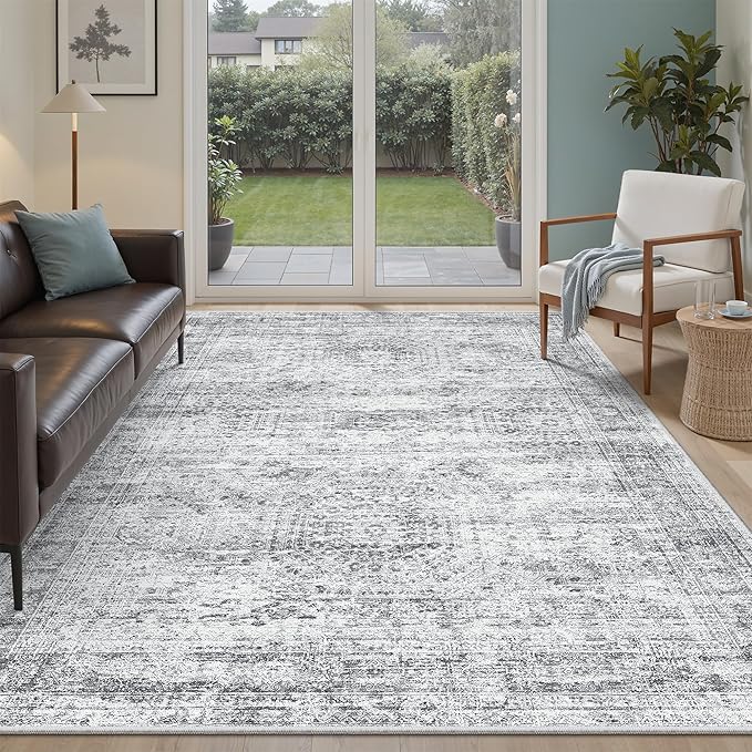 Soalmost 5x7 Area Rugs Gray Low Pile Indoor Washable Trendy Faded Style Rugs for Bedroom Living Room Dining Room Foldable Non-Slip Thin Grey Print Mat