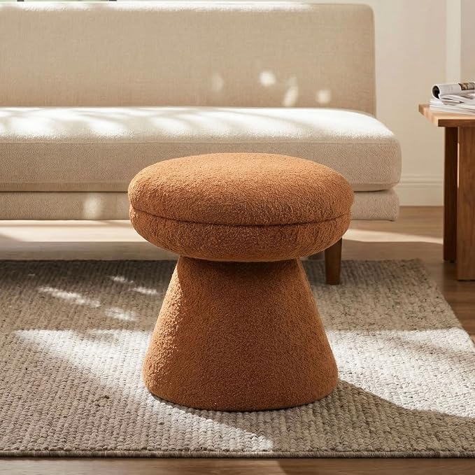 Furniture of America Rami Modern 18-inch Mushroom-Shape Upholstered Ottoman with Tapered Pedestal, Vanity Stool Chair, Small Foot Stool for Bedroom, Living Room, Entryway, Saddle Brown