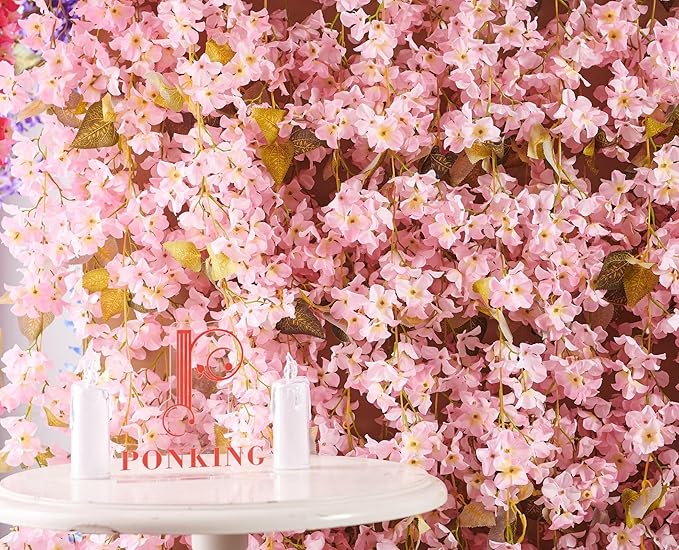 PONKING Flower Garland, Artificial Hydrangea Vine Flowers, Hanging Fake Hydrangeas Vine for Room Anniversary Wedding Birthday Christmas Wall Arch Decor, 2 Pcs, Floral Garland, Light Pink Flower