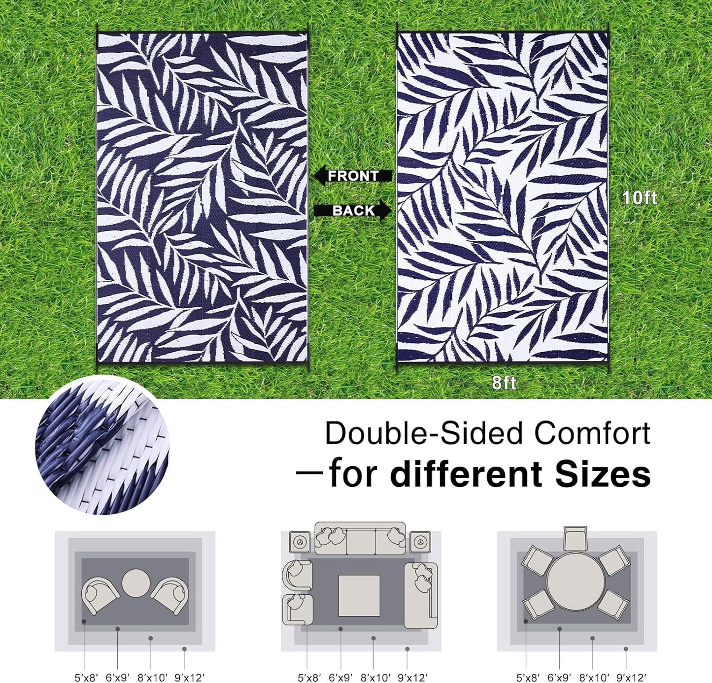OLANLY Waterproof Outdoor Rug 8x10 ft, Reversible Outdoor Plastic Straw Rug with Leaf Pattern, RV Mat, Indoor Outdoor Carpet for Patio, Camping, Balcony, Deck, Backyard, Navy & White