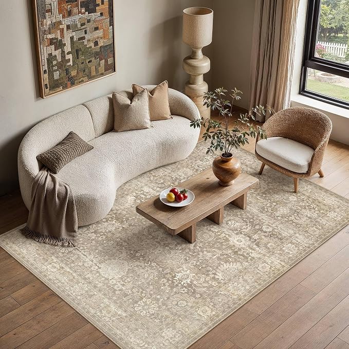 HUGEAR Area Rugs 5x7 Beige Washable Rug for Living Room Bedroom Neutral Vintage Rug Carpet Distressed Soft Durable Non Slip No Shedding for Indoor Dining Nursery Farmhouse