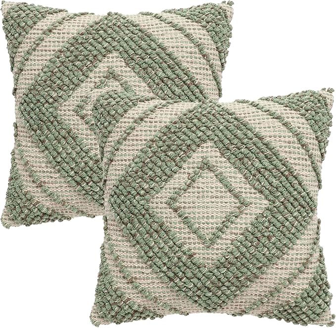 REDEARTH · Boho Textured Throw Pillow Cushion Covers - Woven Tufted Decorative Farmhouse Cases Fall Set for Couch - Sofa - Bed - Dining - Patio - 100% Cotton (18"x18" - Solitaire Lozenge) Pack of 2