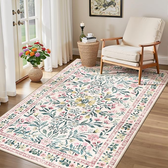 Area Rug Living Room Rugs: Floral 3x5 Washable Rug Vintage Soft Boho Non-Slip Carpet Indoor Floor Stain Resistant Large Carpets for Bedroom Dining Room Farmhouse Nursery Hallway Pink/Green