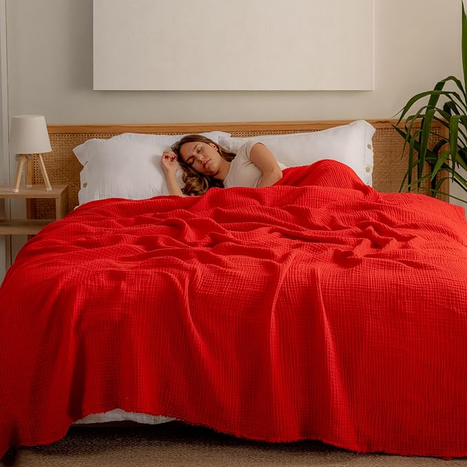 Muslin Blanket - Pure 100% Turkish Cotton Airy Soft Light Versatile Gauze Throw Blanket for Bed, Couch, Sofa (Red, King Size (95" x 110" inch))