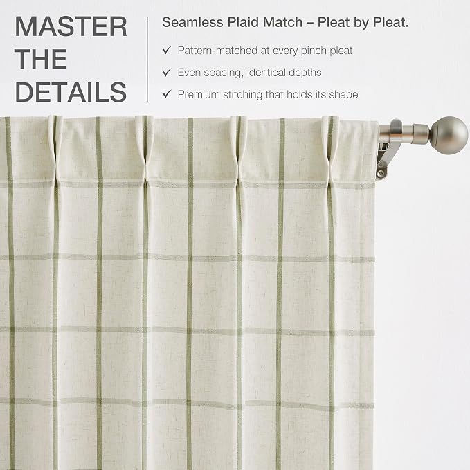 Vision Home Sage Green Plaid Linen Pinch Pleated Semi Sheer Curtains Checkered Light Filtering Window Panels 95 inches Long for Living Room Bedroom Rustic Pleat Drapes with Back Tab Hooks 40" Wx95"Lx2