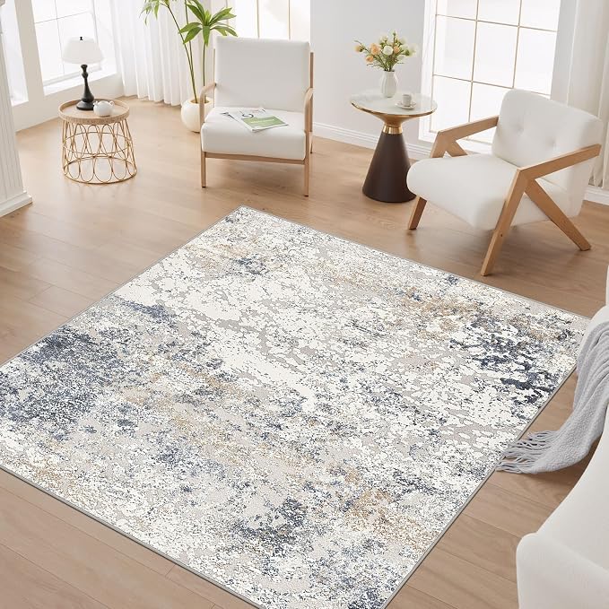 DMOYEST Square Area Rug Living Room Rugs - 6x6 Washable Large Soft Indoor Neutral Modern Abstract Low Pile Rug Carpet for Bedroom Dining Room Farmhouse Home Office - Beige Blue