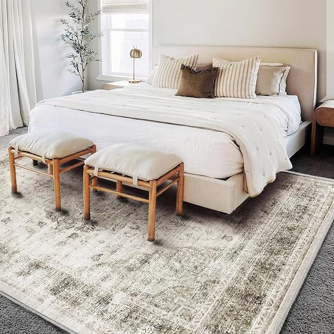 CHAMPLANT Area Rug 6'x9' Washable Vintage Floral Khaki Traditional Floor Cover Thin Retro Kitchen Indoor Distressed Non Slip Carpet for Living Room Bedroom Dining Room