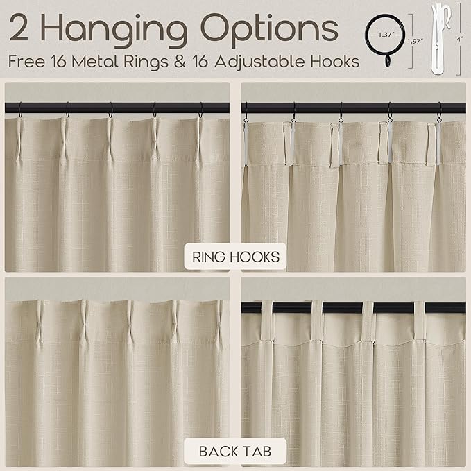 Pleated Thick Linen Curtains 92 Inch Long 2 Panels Memory Training Light Filtering Privacy Linen Textured Pinch Pleat Curtains with Ring Hooks Warm Cream Beige Farmhouse Drapes for Living Dinging Room