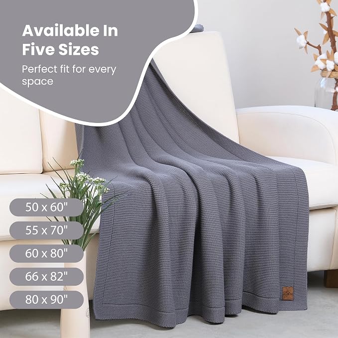 Dalisa 100% Organic Turkish Cotton Throw Blanket - GOTS Certified, Cozy - Perfect for Couch, Bed, and Home Decor - Boho Vintage Knit Alina (Dark Grey, 50x60)