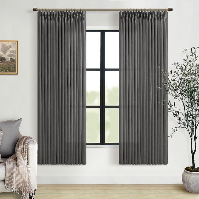 Pinch Pleat Charcoal Grey 72 Inch Curtains for Bedroom Rustic Linen Blend Viral Pleated Semi Sheer Window Drapes Light Filtering Privacy Modern Office Sunroom Cabin Closet Curtain Back Tab Gray 50x72