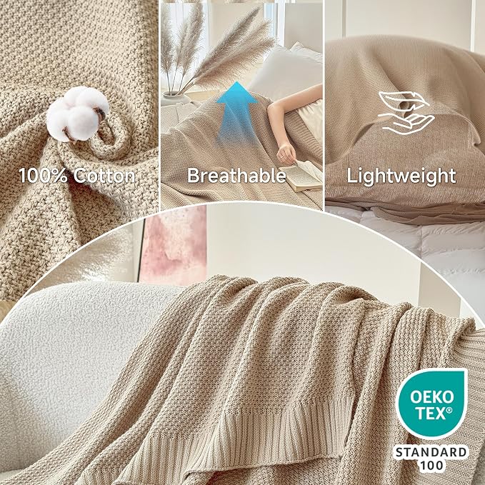 Simple&Opulence 100% Cotton Blanket Queen Size, Solid Color Cable Knitted Blanket Super Soft Comfortable Breathable Decorative Farmhouse for Couch Sofa Bed, All Season Use(Light Khaki,90x90)