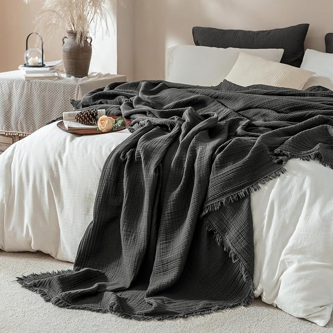 Muslin Fringe Blankets for Adults: 100% Cotton Cloud Soft | 4-Layer Gauze Breathable Lightweight All Season Throw Blanket for Bed Couch Sofa Office