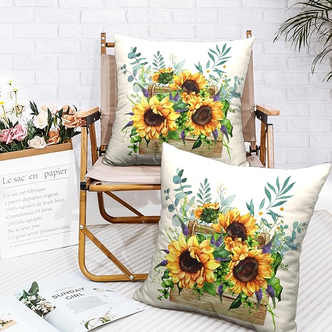 Watercolor Sunflower Throw Pillow Covers Set of 2 Vintage Floral Spring Pillow Case 16x16 Yellow Flowers Two Sided Print Square Cushion Case for Living Room Outdoor Car