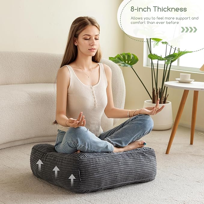HIGOGOGO 8" Extra Thick Floor Pillow Cushion for Adults, Meditation Cushion Pillow, Large Square Floor Sitting, Tufted Corduroy Cover, for Tatami Living Room or Yoga, 22x22 Inch, Dark Grey