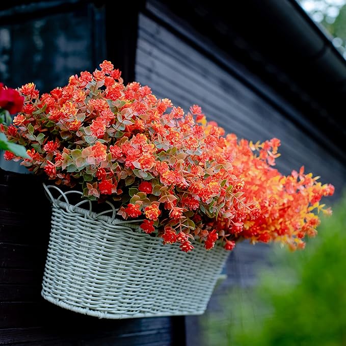 AXYLEX Artificial Fall Flowers Outdoor Fake Mums - 12 Bundles Fake Plants UV Resistant No Fade Faux Plastic Greenery Garden Porch Patio Fall Home Decor(OrangeGreen)