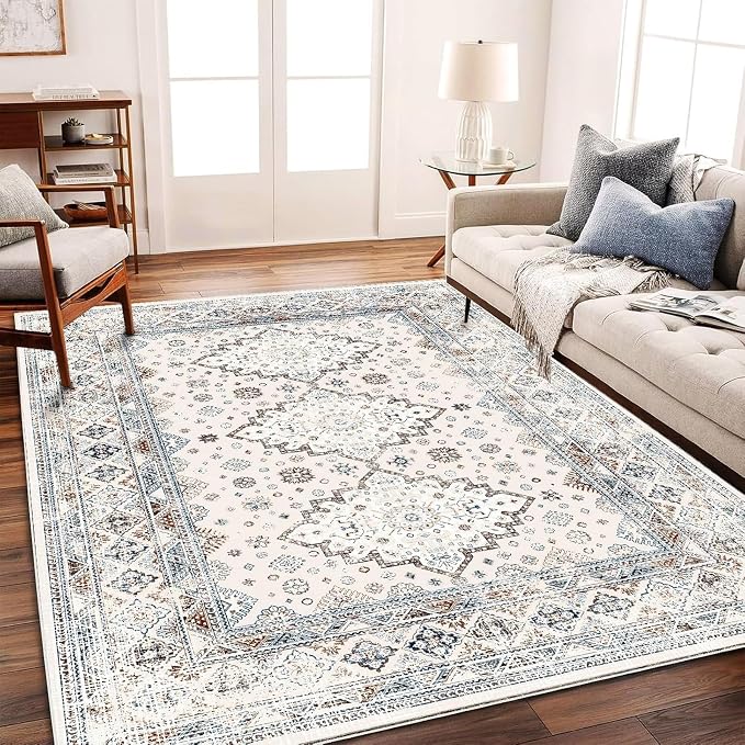 CHAMPLANT Washable Area Rug 9x12 Retro Flowers Boho Design Non-Shedding Easy Care Ideal for High Traffic Areas in Living Room Bedroom Office Coffee Table Kitchen Large Carpet