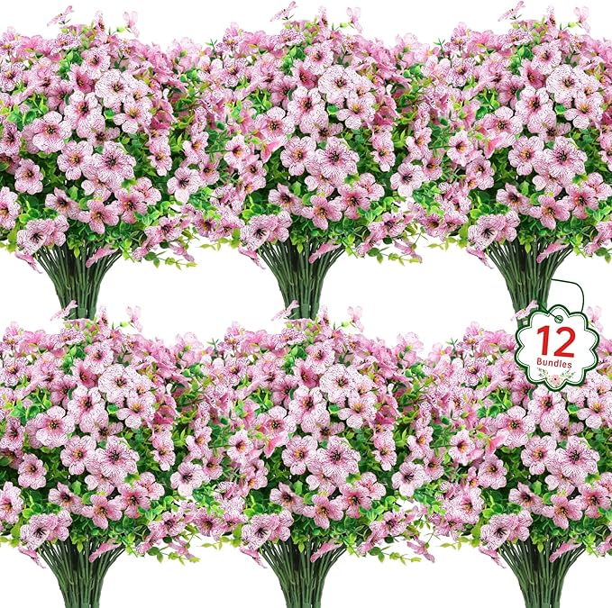 Ouddy Decor 12 Bundles Artificial Flowers for Outdoors Fake Silk Flowers UV Resistant Faux Plastic Plants for Spring Summer Garden Porch Window Box Table Vase Home Indoor Outdoor Decoration, Pink