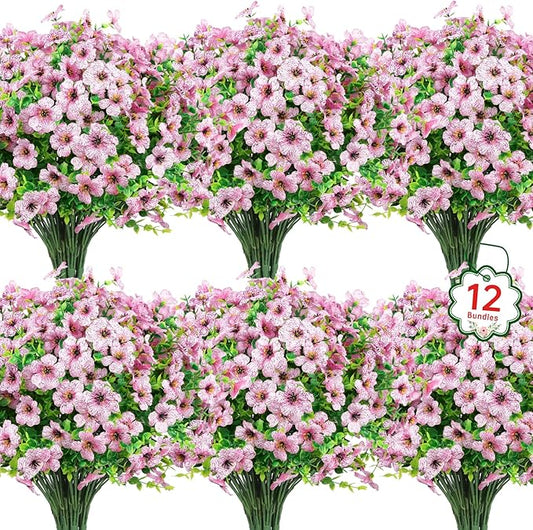 Ouddy Decor 12 Bundles Artificial Flowers for Outdoors Fake Silk Flowers UV Resistant Faux Plastic Plants for Spring Summer Garden Porch Window Box Table Vase Home Indoor Outdoor Decoration, Pink
