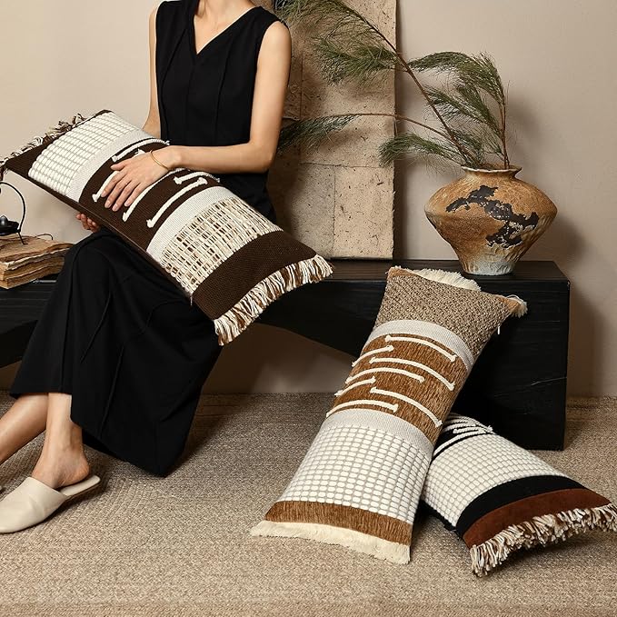 Decorative Lumbar Pillow Cover 12x28, Boho Woven Farmhouse Cotton Linen Cushion Case with Tassels & Hidden Zipper, Lumbar Throw Pillow Case for Bed Sofa Bedroom Living Room(Dark Brown)