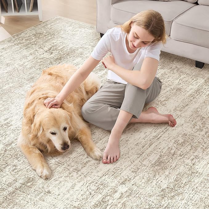 DMOYEST Area Rug Living Room Rugs - 8x10 Abstract Large Soft Indoor Washable Rug Neutral Modern Low Pile Carpet for Bedroom Dining Room Farmhouse Home Office - Vintage Beige