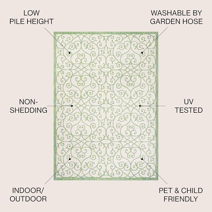 JONATHAN Y Vintage Filigree Indoor Outdoor Area Rug 3X5 Cream/Green, Madrid Textured Weave for Backyard, Patio, Porch, Easy-Cleaning, High Traffic, Pet-Friendly, Non-Shedding (SMB107J-3)