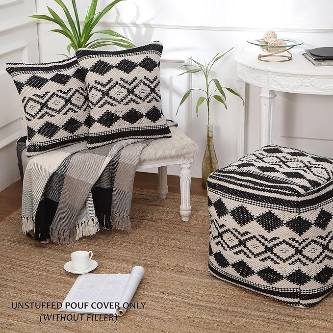 REDEARTH Handmade Boho Throw Pillow Covers - Bohemian Chic Farmhouse Style - Accent Woven Indoor and Outdoor Pillow Cushion Cases for Couch - Bed - Chair - Sofa - Benches – Set of 2-18"x18" - Black