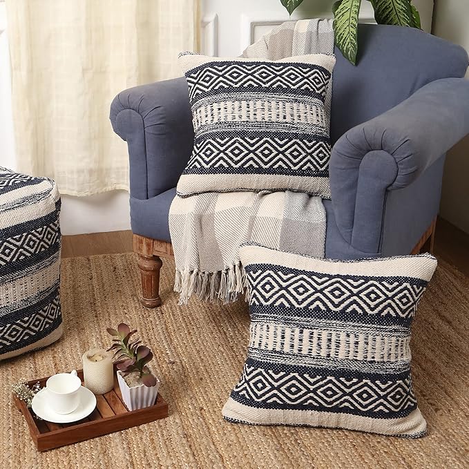 REDEARTH · Boho Textured Throw Pillow Cases - Cushion Covers Tufted Decorative Farmhouse Fall Set for Couch - Sofa - Dining - Patio - Outdoor - 100% Cotton (18"x18" - Indigo Impressions) Pack of 2