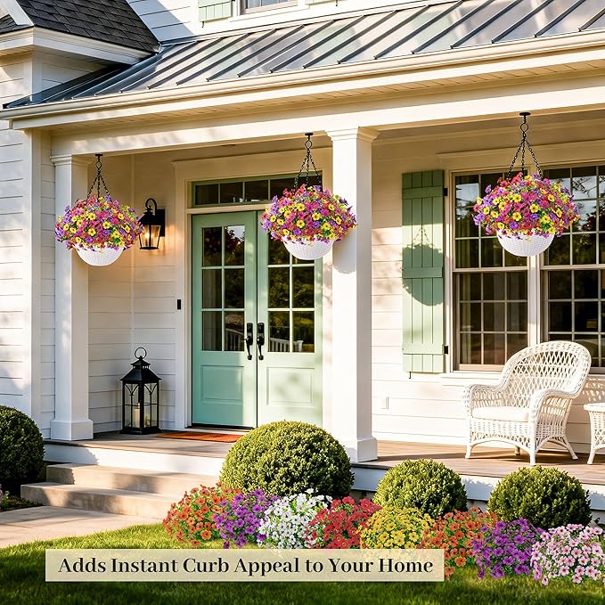 Der Rose 2 Pack Artificial Hanging Flowers Basket for Faux Plants Outdoor Spring Summer Decoration UV Resistant Fake Flowers for Patio Balcony Farmhouse Decor