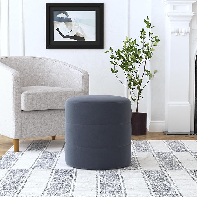 HomePop Upholstered Round Ottoman (No Lid, Seat Only) | HomePop Home Décor | Round Pouf Foot Rest – Steel Blue Velvet