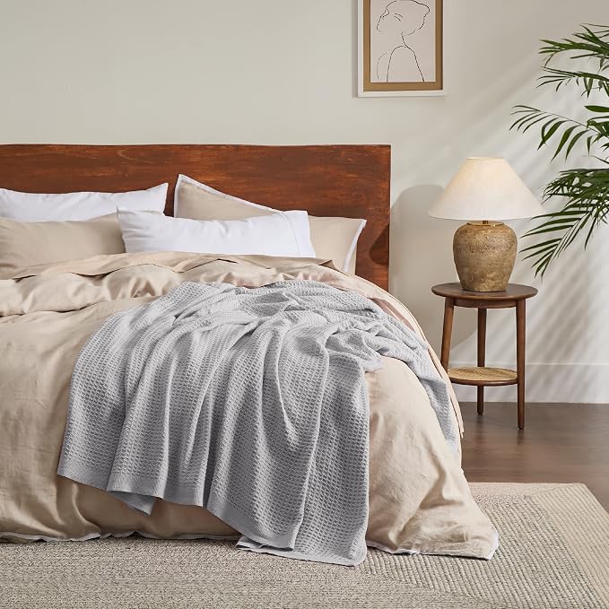 Bedsure 100% Cotton Blanket Full Size for Bed - Breathable and Soft for Summer, Thick Cozy Waffle Weave Blanket Gifts for Women, Grey, 80x90 Inches