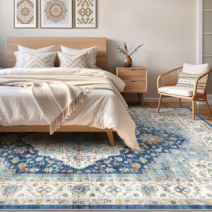 8x10 Area Rugs Living Room: Washable Boho Large Neutral Vintage Soft Rugs Stain Resistant Farmhouse Non-Slip Indoor Floor Retro Carpet for Bedroom Nursery Kids Office Dining Room- Navy Beige