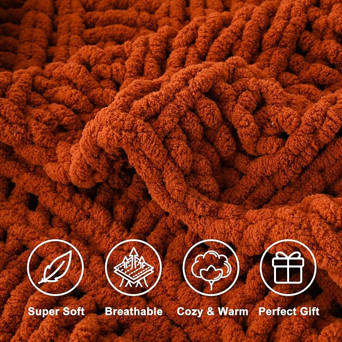 Battilo Chunky Knit Throw Blanket for Couch, Fall Decor, 50"x60", Rust | Hand Knit with Chunky Yarn, Decorative Fall Throw Blanket, Cozy Warm Soft Chenille Throw Blanket for Bed, Sofa, Living Room